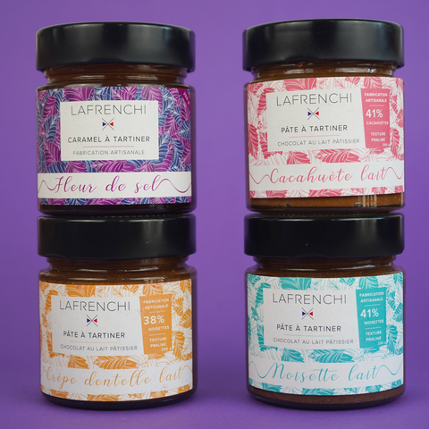 Assortiment de Pâtes à tartiner au chocolat au lait et Caramel fleur de sel