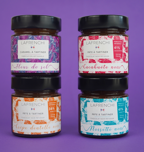 Assortiment de Pâtes à tartiner au chocolat noir et Caramel fleur de sel